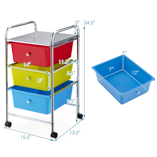 Costway 3-Drawer Cart Storage Bin Organizer Rolling w/Plastic Drawers