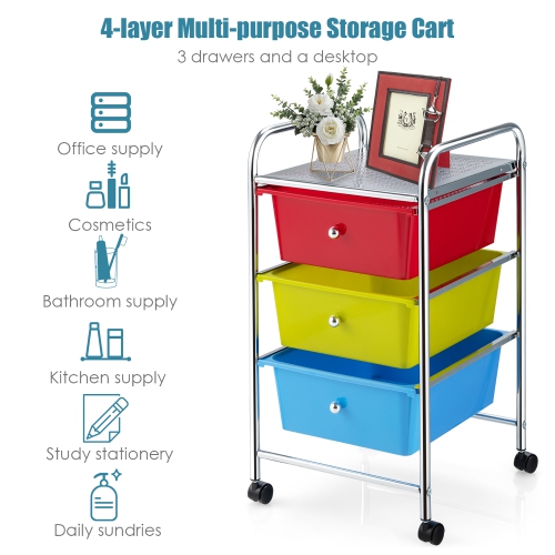 Costway 3-Drawer Cart Storage Bin Organizer Rolling w/Plastic Drawers