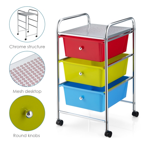 Costway 3-Drawer Cart Storage Bin Organizer Rolling w/Plastic Drawers
