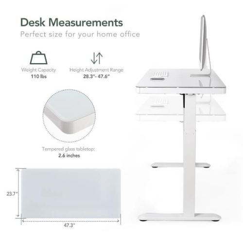 48 x 24 inch Height Adjustable Electric Standing Desk with Drawer, All-in-One Sit Stand Desk Workstation with USB Charging Port, Glass Tabletop and