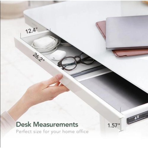 48 x 24 inch Height Adjustable Electric Standing Desk with Drawer, All-in-One Sit Stand Desk Workstation with USB Charging Port, Glass Tabletop and