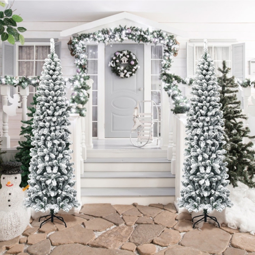 Costway 7.5Ft Unlit Hinged Snow Flocked Artificial Pencil Christmas Tree w/ 641 Tips