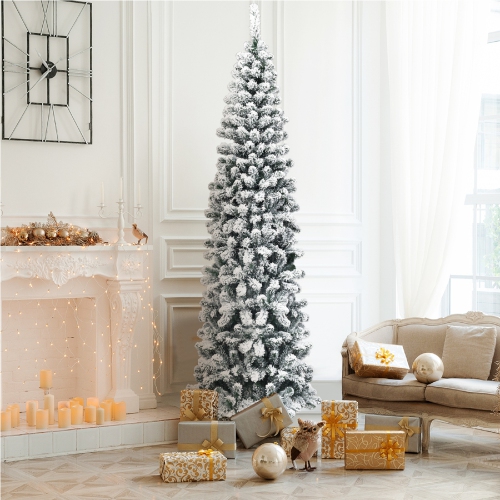Costway 7.5Ft Unlit Hinged Snow Flocked Artificial Pencil Christmas Tree w/ 641 Tips