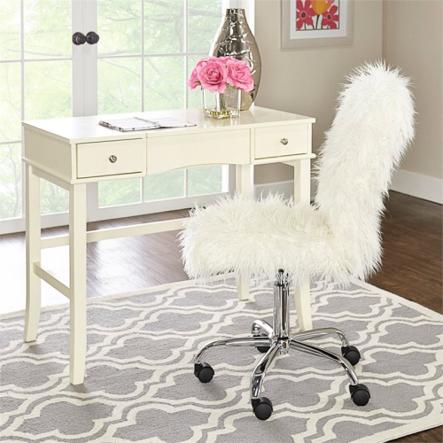 Riverbay Furniture Faux Fur Swivel Office Chair in White and Chrome