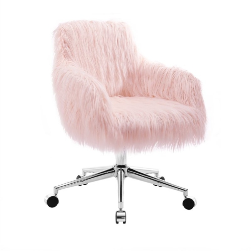 Riverbay Furniture Faux Fur Swivel Office Chair in Pink and Chrome