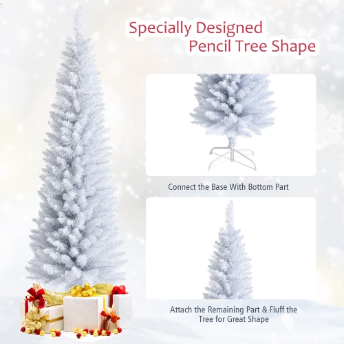 Costway 6ft Unlit Artificial Slim Pencil Christmas Tree with Metal Stand White