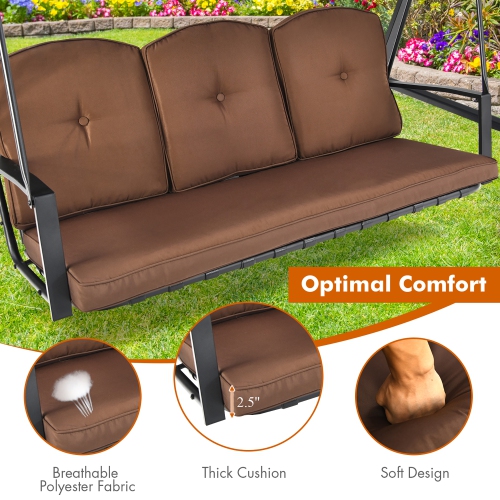 Costway Outdoor 3-Seat Porch Swing with Adjust Canopy and Cushions Brown