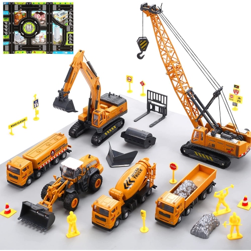 CUTE STONE  Construction Toys Vehicles Playset w Playmat, Kids Engineering Truck Toy Set w Crane, Excavator, Tractor w 3 Interchangeable Parts