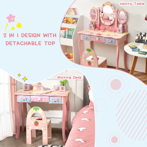 Ens. Table coiffeuse/coiffeuse/coiffeuse/miroir rose à trois volets de Costway Kids