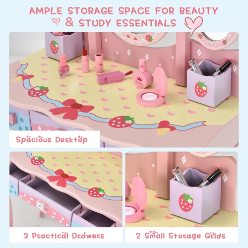 Ens. Table coiffeuse/coiffeuse/coiffeuse/miroir rose à trois volets de Costway Kids