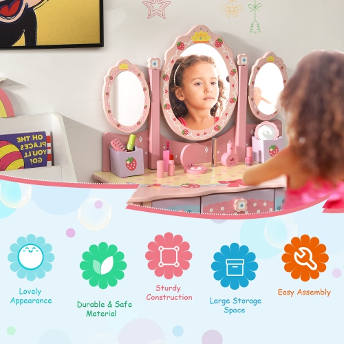 Ens. Table coiffeuse/coiffeuse/coiffeuse/miroir rose à trois volets de Costway Kids