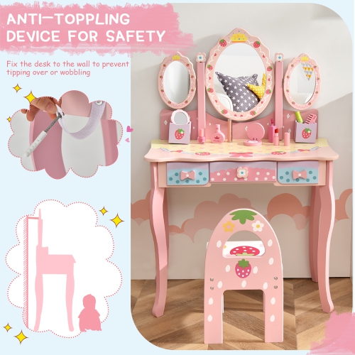Ens. Table coiffeuse/coiffeuse/coiffeuse/miroir rose à trois volets de Costway Kids