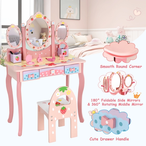Ens. Table coiffeuse/coiffeuse/coiffeuse/miroir rose à trois volets de Costway Kids