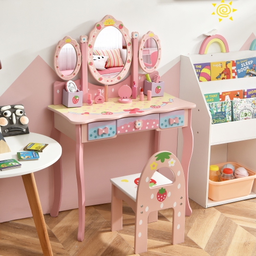 Ens. Table coiffeuse/coiffeuse/coiffeuse/miroir rose à trois volets de Costway Kids