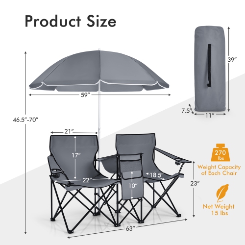 Costway Portable Folding Picnic Double Chair W/Umbrella Table Cooler Beach Camping