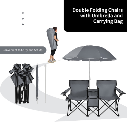 Costway Portable Folding Picnic Double Chair W/Umbrella Table Cooler Beach Camping