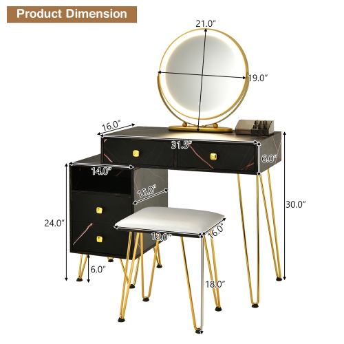 Costway Vanity Table Stool Set Dimmer LED Mirror Large Storage Cabinet Drawer