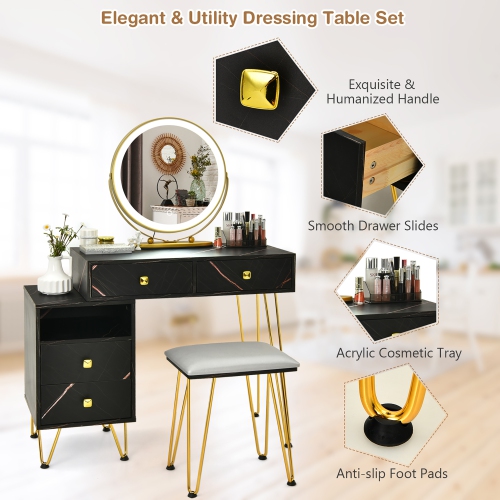 Costway Vanity Table Stool Set Dimmer LED Mirror Large Storage Cabinet Drawer
