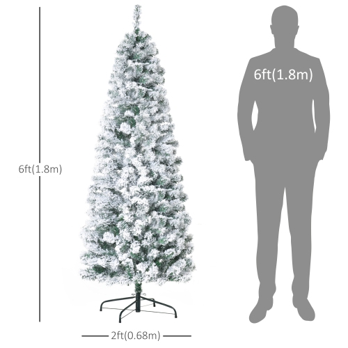 HOMCOM 6ft Prelit Artificial Pencil Christmas Tree, Snow Flocked Slim Xmas Tree with Warm White LED Lights - Green