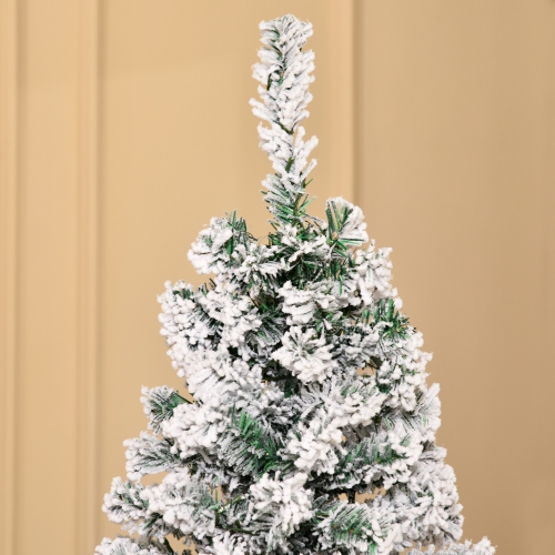 HOMCOM 6ft Prelit Artificial Pencil Christmas Tree, Snow Flocked Slim Xmas Tree with Warm White LED Lights - Green