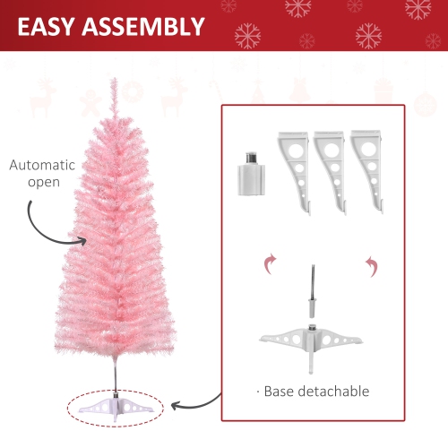 HOMCOM 4FT Artificial Christmas Tree Holiday Xmas Holiday Pencil Tree Decoration with Automatic Open for Home Party, Pink