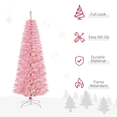 HOMCOM 6FT Artificial Christmas Tree Holiday Xmas Holiday Pencil Tree Decoration with Automatic Open for Home Party, Pink