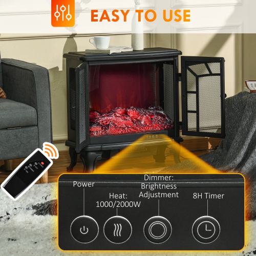 HOMCOM Electric Fireplace Heater, Freestanding Fireplace Stove with Realistic Flame Effect, Timer, Remote, 750W/1500W, Black