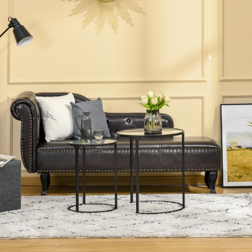 HOMCOM Set of 2 Nesting Coffee Tables with Metal Base, Round Side Table with Tempered Glass Tabletop for Living Room, Bedroom, Black