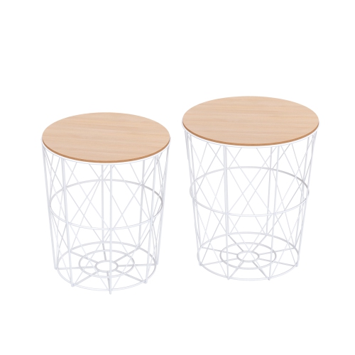 HOMCOM  Nesting Coffee Tables Set Of 2 With Metal Wire, Storage Basket, Round Side Table End Table for Living Room, Bedroom And Natural In White