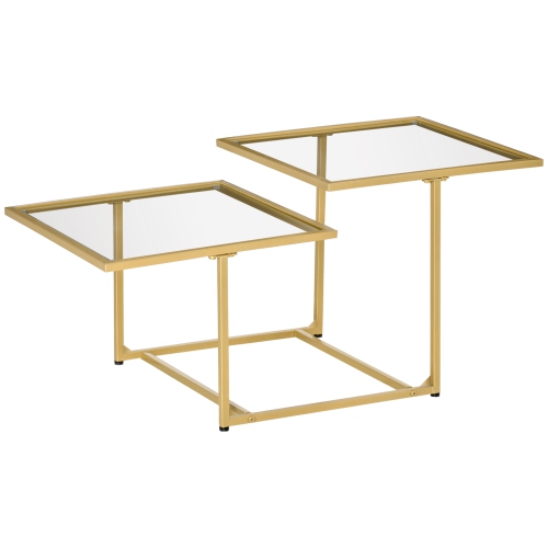 HOMCOM  Modern Coffee Table With Tempered Glass Tabletops, 2-Tier Accent Side Table With Metal Frame Adjustable Foot for Living Room In Gold