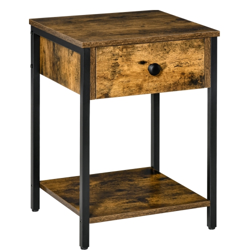 HOMCOM Industrial Side Table with Storage Shelf & Drawer, Accent Table, Versatile Night Stand, for Living Room, Bedroom, Rustic Brown