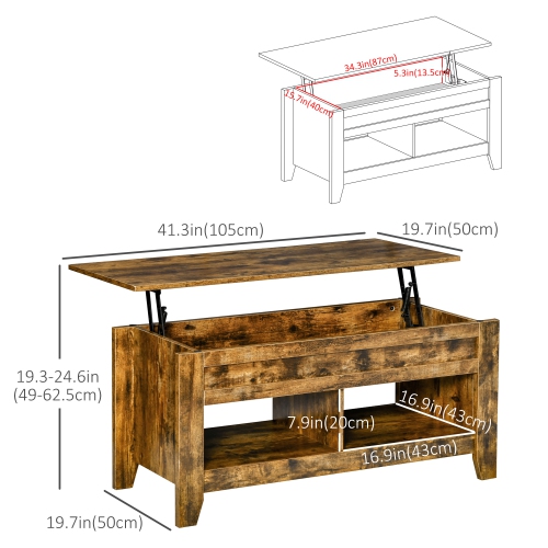 Homcom Table basse relevable avec compartiment de rangement caché et étagères ouvertes, table centrale escamotable pour salon, marron