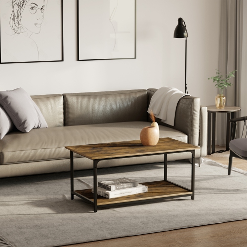 HOMCOM Industrial Coffee Table, 2-tier Center Table with Storage Shelf, Wood Look Accent Furniture with Metal Frame for Living Room, 39.4" x 21.3" x