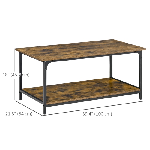 HOMCOM Industrial Coffee Table, 2-tier Center Table with Storage Shelf, Wood Look Accent Furniture with Metal Frame for Living Room, 39.4" x 21.3" x