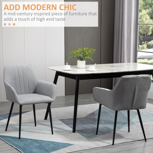 HOMCOM Dining Chairs Set of 2, Upholstered Kitchen Chairs, Linen Fabric Accent Arm Chairs with Metal Legs, Light Grey
