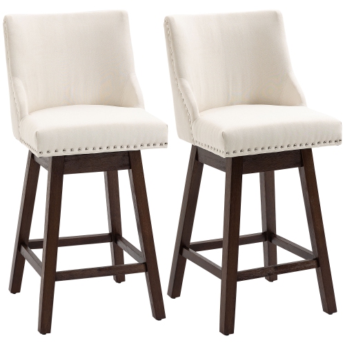 HOMCOM Swivel Bar stool Set of 2 Armless Upholstered Bar Chairs with Nailhead-Trim, Wood Legs, Cream White