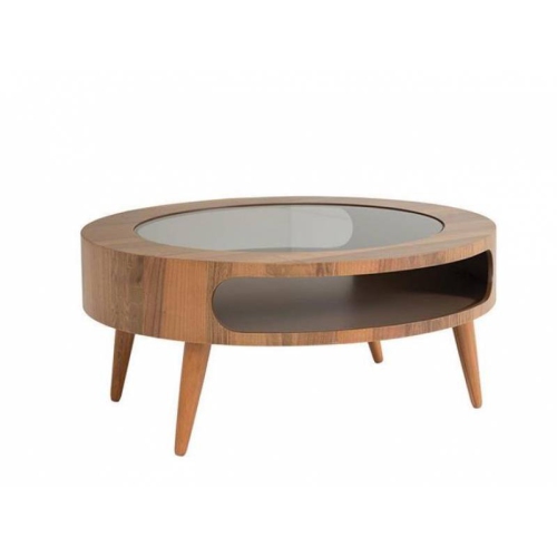 Table basse ronde avec tablettes hautes en bois et en verre Moon - Noyer foncé, 33 po