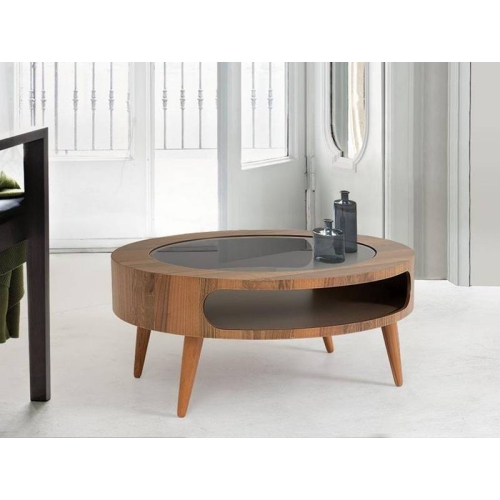 Table basse ronde avec tablettes hautes en bois et en verre Moon - Noyer foncé, 33 po