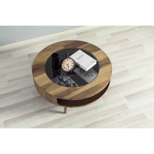 Moon Round Middle Coffee Table with High Shelf Wooden and Glass Inlay - Dark Walnut, 29 Inch