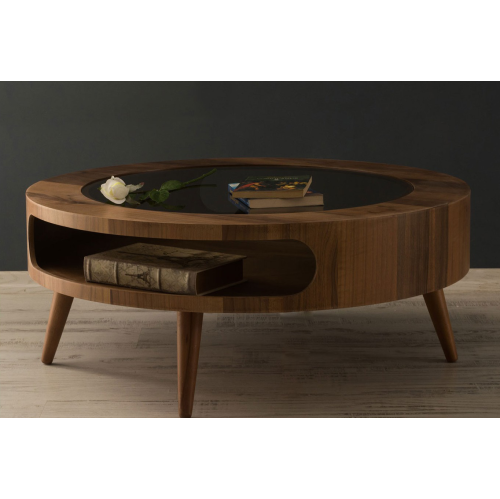 Moon Round Middle Coffee Table with High Shelf Wooden and Glass Inlay - Dark Walnut, 29 Inch