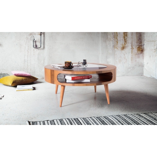 Moon Round Middle Coffee Table with High Shelf Wooden and Glass Inlay - Dark Walnut, 29 Inch