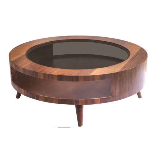 Moon Round Middle Coffee Table with High Shelf Wooden and Glass Inlay - Dark Walnut, 29 Inch