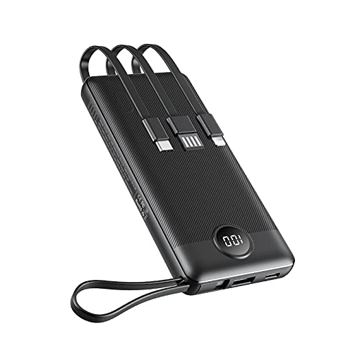 VEEKTOMX Chargeur portable avec câbles intégrés, batterie externe 10 000 mAh ultra fine, chargeur USB C avec 2 entrées et 4