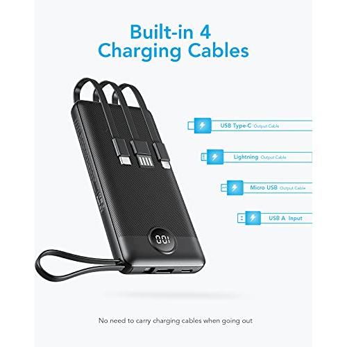 VEEKTOMX Chargeur portable avec câbles intégrés, batterie externe 10 000 mAh ultra fine, chargeur USB C avec 2 entrées et 4