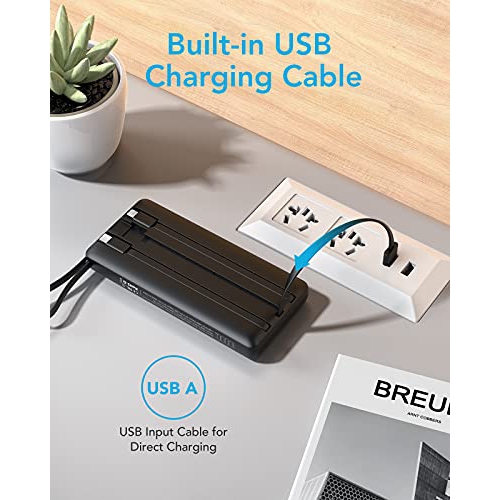 VEEKTOMX Chargeur portable avec câbles intégrés, batterie externe 10 000 mAh ultra fine, chargeur USB C avec 2 entrées et 4