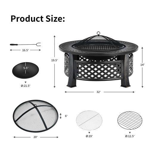 Costway 32" Round Fire Pit Set W/ Rain Cover BBQ Grill Log Grate Poker