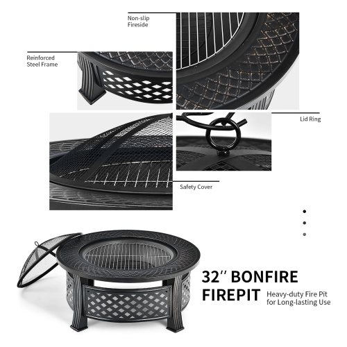 Costway 32" Round Fire Pit Set W/ Rain Cover BBQ Grill Log Grate Poker