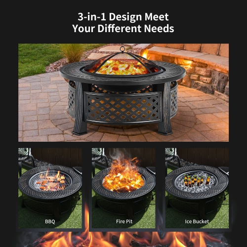 Costway 32" Round Fire Pit Set W/ Rain Cover BBQ Grill Log Grate Poker