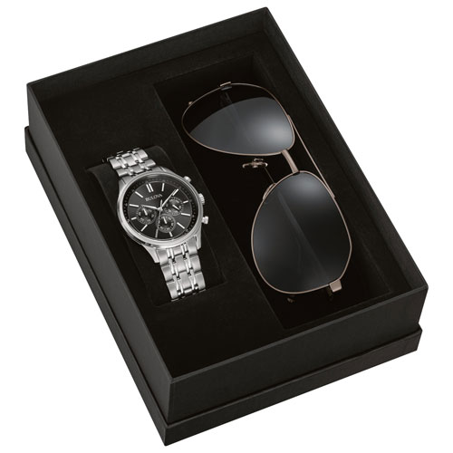 Bulova 42mm Men's Chronograph Dress Watch & Aviator Sunglasses - Silver/Black