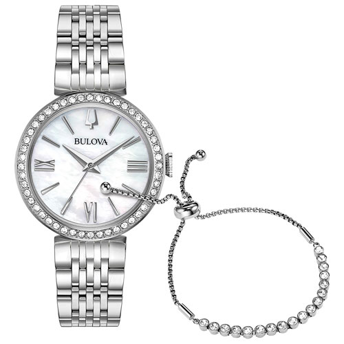 Bulova 30mm Women's Fashion Watch with Crystal Bezel & Silver Bracelet - Silver/Mother-of-Pearl